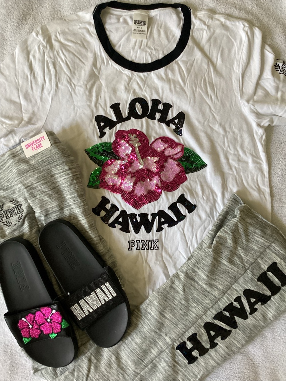 Victoria’s Secret PINK BLING Aloha Hawaii Shirt Pants Slide Sandals NWT